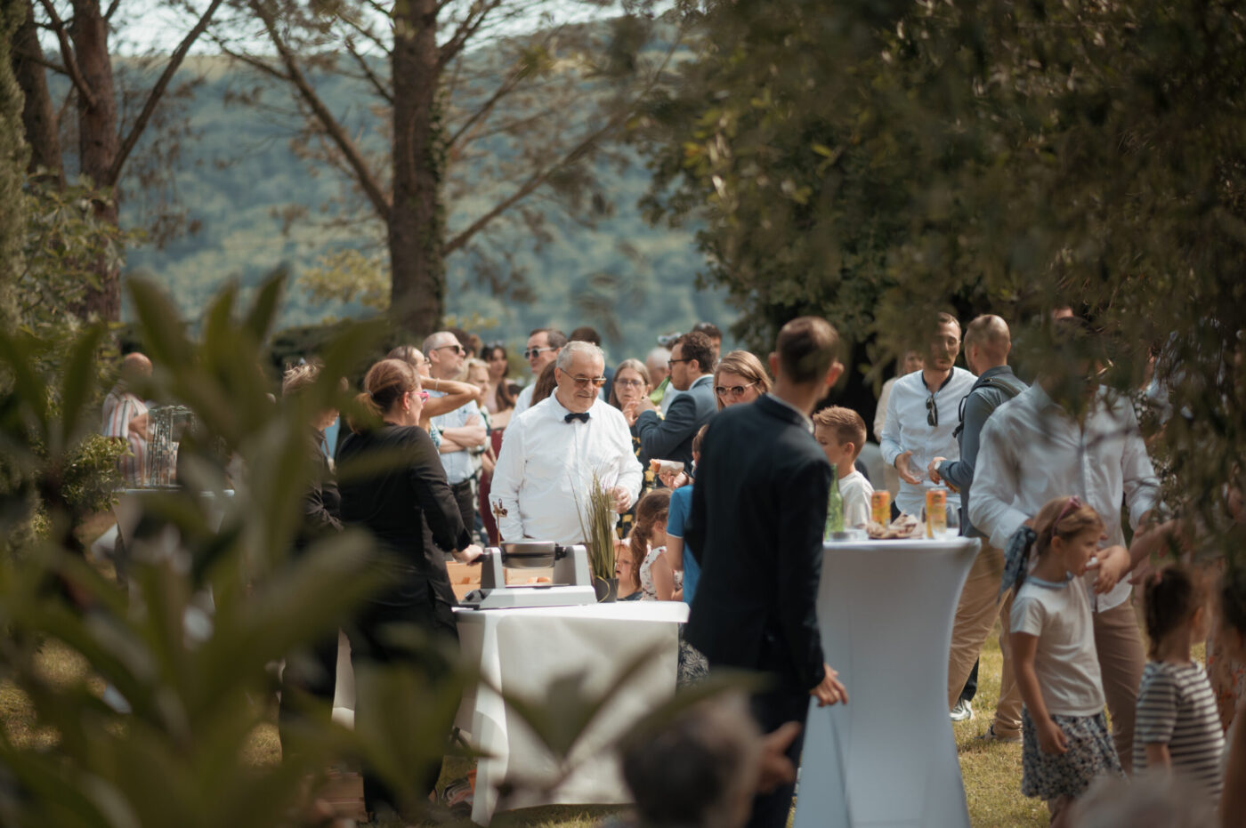 Vin d'honneur en plein air dans un domaine familial de l'Ain avec vue sur les collines